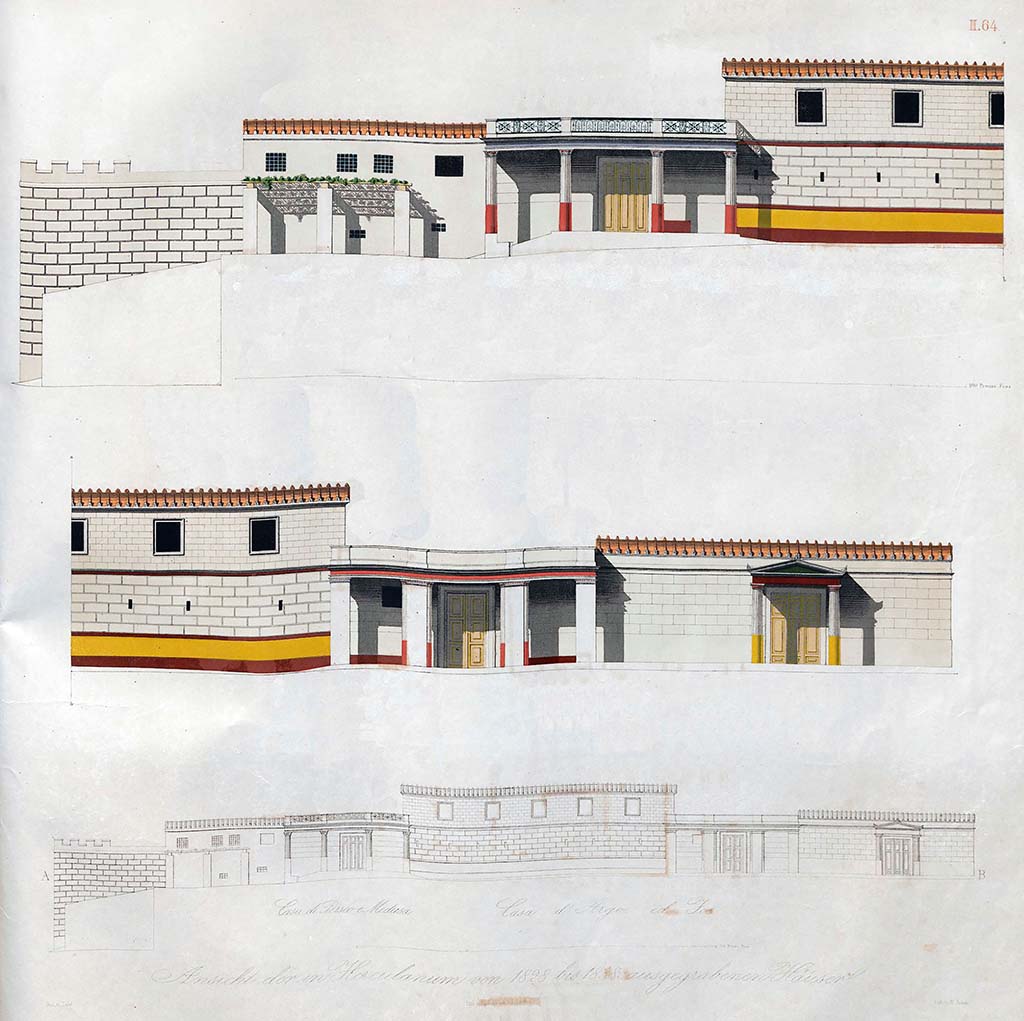 II.2 Herculaneum,1842, drawing by Zahn. Street view of the exterior façade of the houses discovered between 1828 until 1838, (described as by the side of the sea, not far from the theatre).
II.1 is on the left in the top drawing, with terrace overlooking the sea, and doorway shaded by a roof held up by four columns;
II.2 is on the left of the middle drawing, with an upper floor overlooking the roadway and a doorway shaded by a roof supported by four pilasters;
On the right is II.3, with its doorway shaded by a roof supported by two columns.
The lowest drawing is a complete vista on the west side of Cardo III, from II.1 up until II.3.
See Zahn, W., 1842. Die schönsten Ornamente und merkwürdigsten Gemälde aus Pompeji, Herkulanum und Stabiae: II. Berlin: Reimer. (64).
During the excavation there were still upper floors, whereas now there are only lower floors (other than some fragments of the upper) but one can see in several places the position of the beams of the planks for the upper floors, as well as the ceilings of the lower floors with their tiles. These Herculaneum wooden constructions, all charred, have been preserved, while those at Pompeii are rotten. Wooden doors and other wooden structures, have also been preserved in charcoal, so that the shapes are perfectly recognisable. The walls and columns are made of irregular stones, partly in brick and volcanic stones, partly in Opus reticulatum, stuccoed, and partly painted.